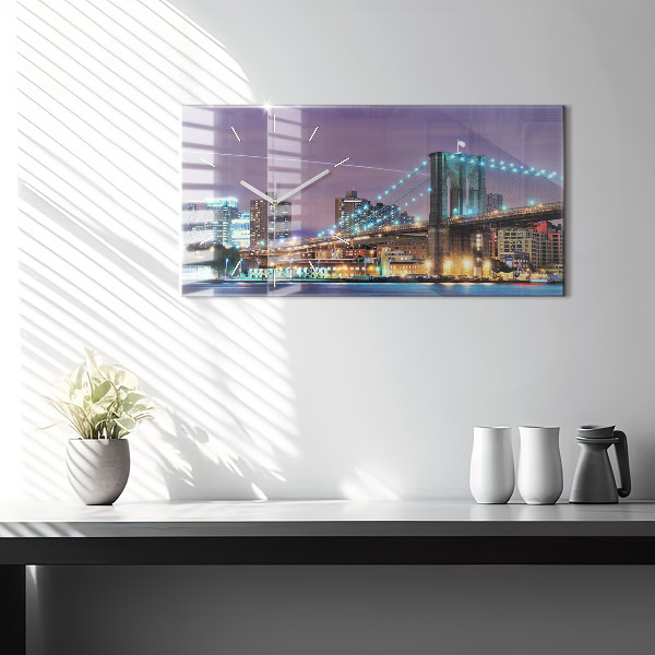 Glass wall clock rectangular Brooklyn Bridge and East River