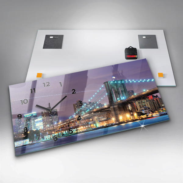 Glass wall clock rectangular Brooklyn Bridge and East River