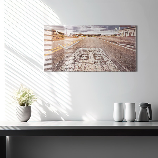 Glass wall clock rectangular Route 66 USA
