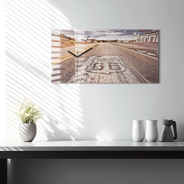 Glass wall clock rectangular Route 66 USA