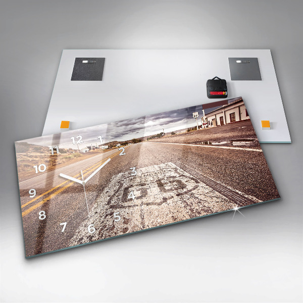 Glass wall clock rectangular Route 66 USA