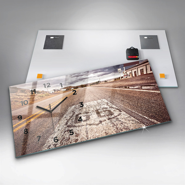 Glass wall clock rectangular Route 66 USA