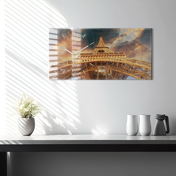Glass wall clock rectangular The Eiffel Tower in the sunlight