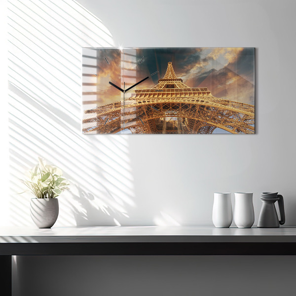 Glass wall clock rectangular The Eiffel Tower in the sunlight