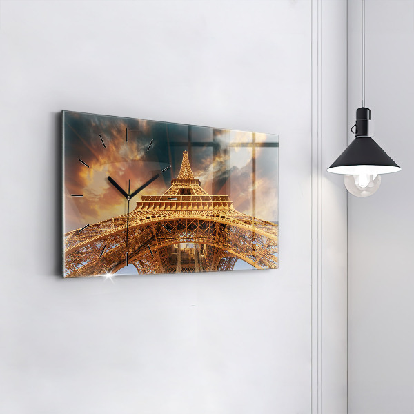 Glass wall clock rectangular The Eiffel Tower in the sunlight