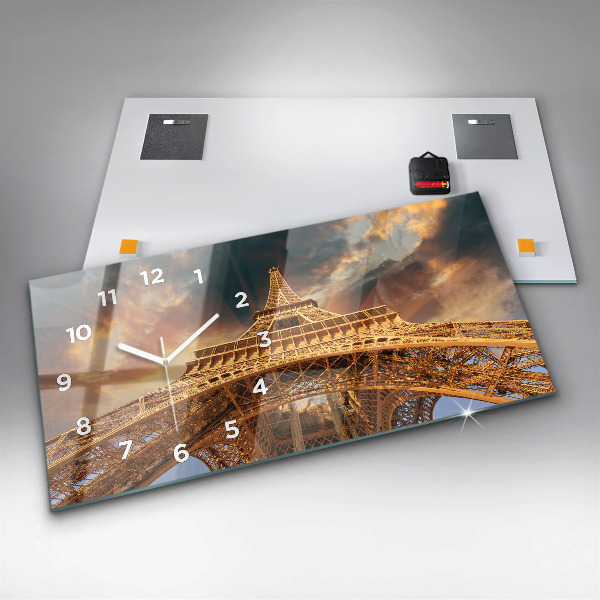 Glass wall clock rectangular The Eiffel Tower in the sunlight