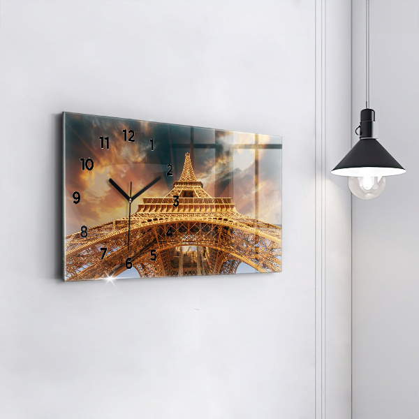 Glass wall clock rectangular The Eiffel Tower in the sunlight