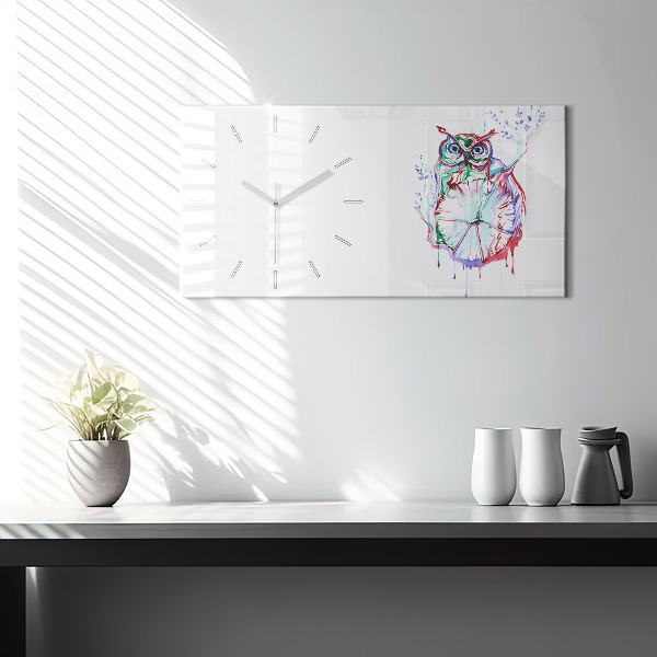 Glass wall clock rectangular Illustration of Owl and Clock