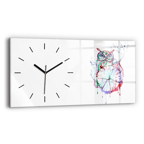 Glass wall clock rectangular Illustration of Owl and Clock