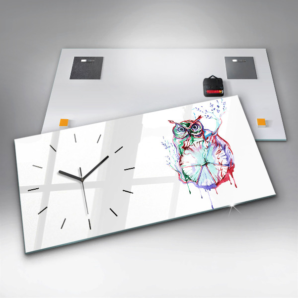 Glass wall clock rectangular Illustration of Owl and Clock