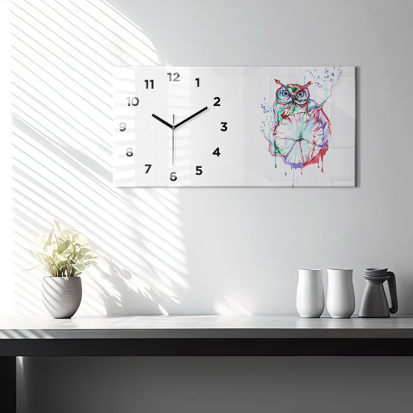 Glass wall clock rectangular Illustration of Owl and Clock