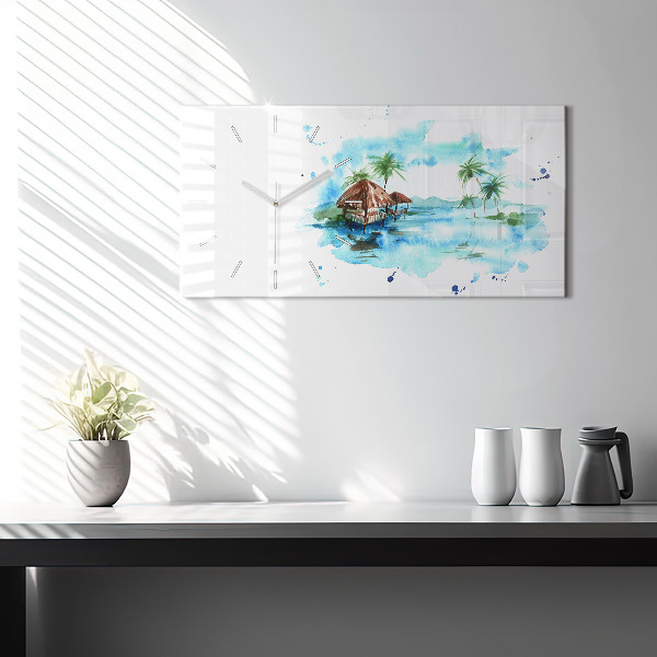 Glass wall clock rectangular Picture of a deserted island