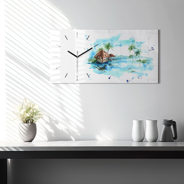 Glass wall clock rectangular Picture of a deserted island