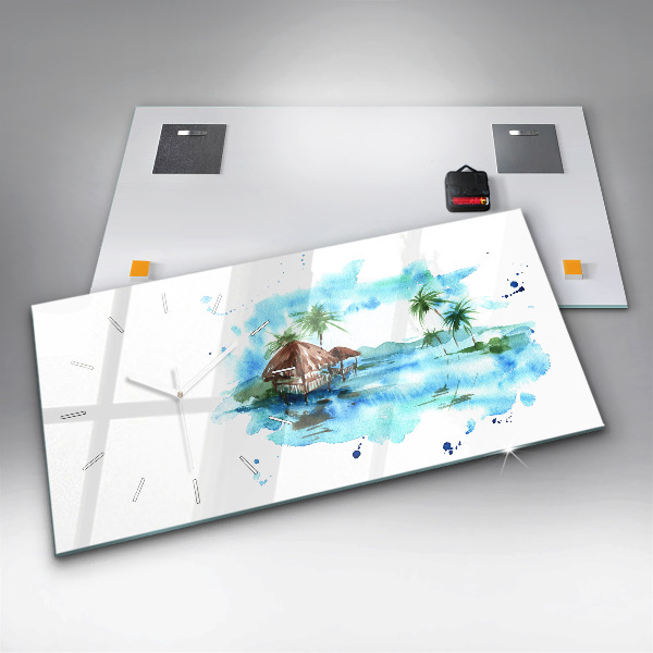 Glass wall clock rectangular Picture of a deserted island