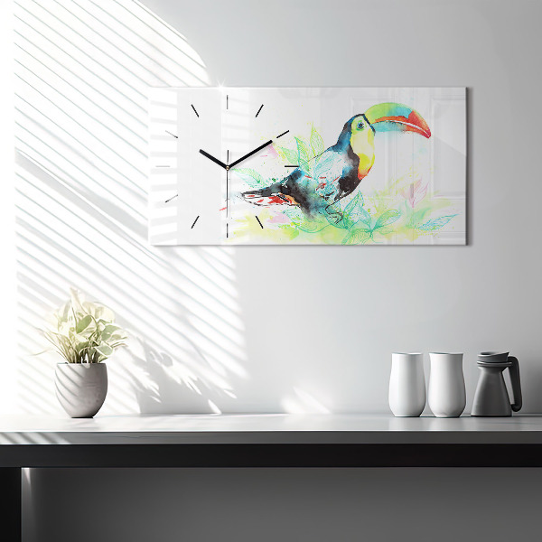 Glass wall clock rectangular Toucan in the grass