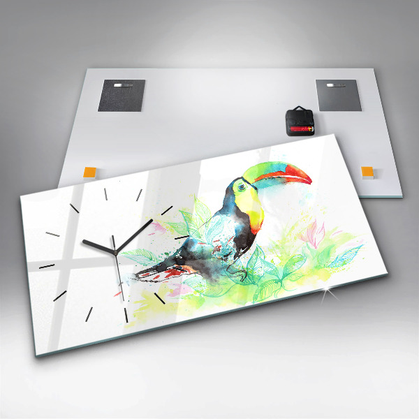 Glass wall clock rectangular Toucan in the grass