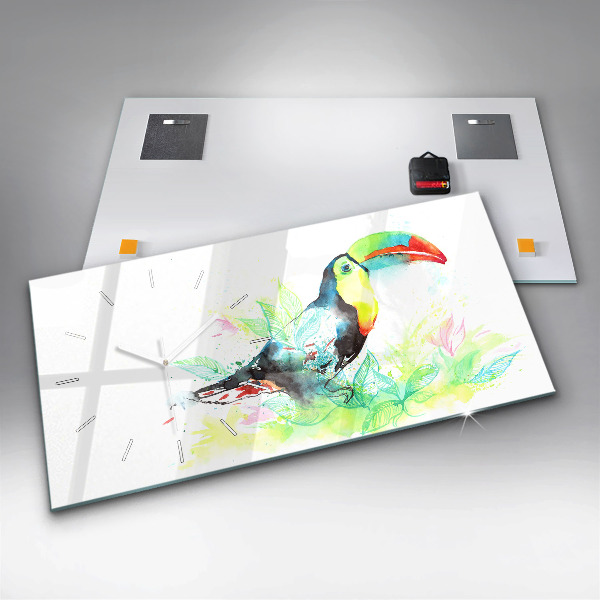 Glass wall clock rectangular Toucan in the grass