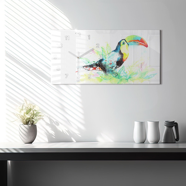 Glass wall clock rectangular Toucan in the grass