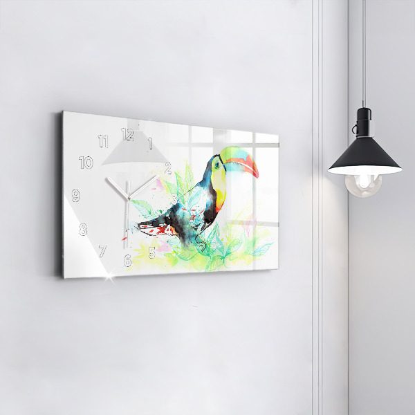 Glass wall clock rectangular Toucan in the grass