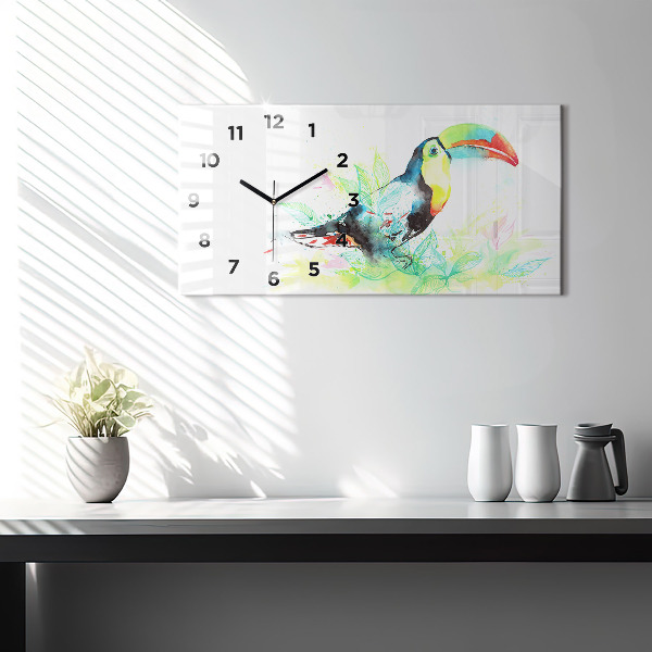 Glass wall clock rectangular Toucan in the grass