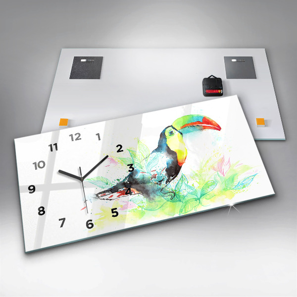 Glass wall clock rectangular Toucan in the grass