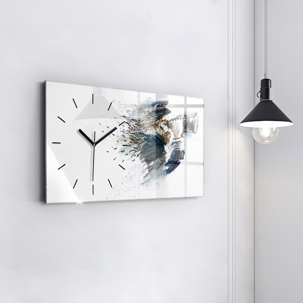 Glass wall clock rectangular Ship captain with binoculars