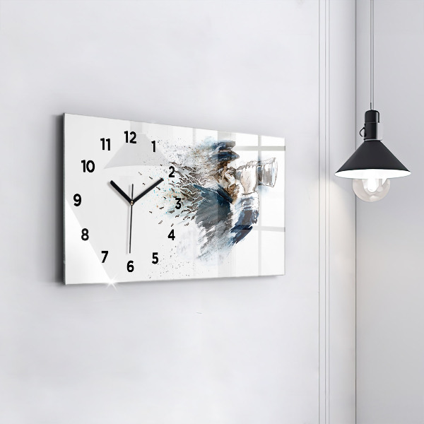 Glass wall clock rectangular Ship captain with binoculars