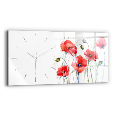 Glass wall clock rectangular Painted Red Poppies