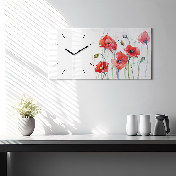 Glass wall clock rectangular Painted Red Poppies