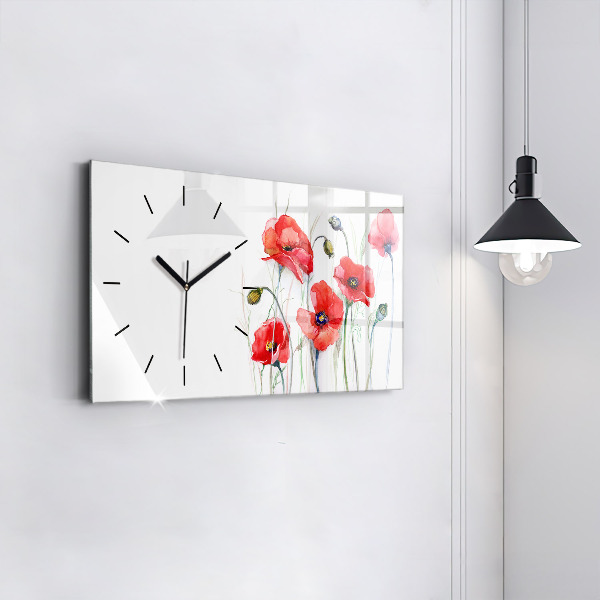 Glass wall clock rectangular Painted Red Poppies