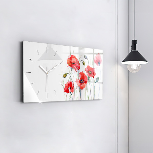Glass wall clock rectangular Painted Red Poppies