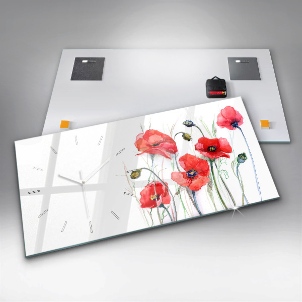 Glass wall clock rectangular Painted Red Poppies
