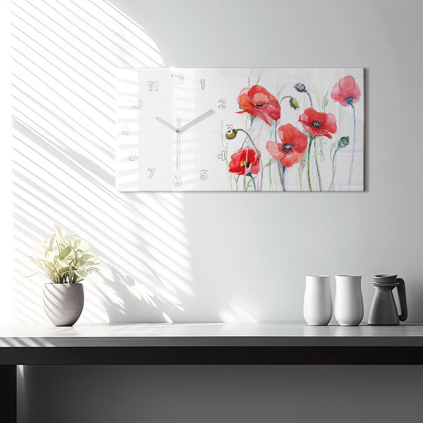 Glass wall clock rectangular Painted Red Poppies