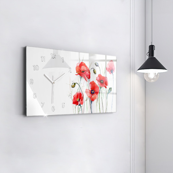 Glass wall clock rectangular Painted Red Poppies