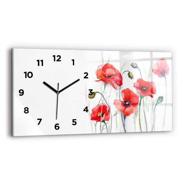 Glass wall clock rectangular Painted Red Poppies
