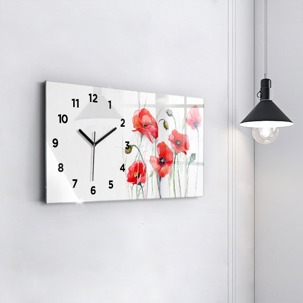 Glass wall clock rectangular Painted Red Poppies