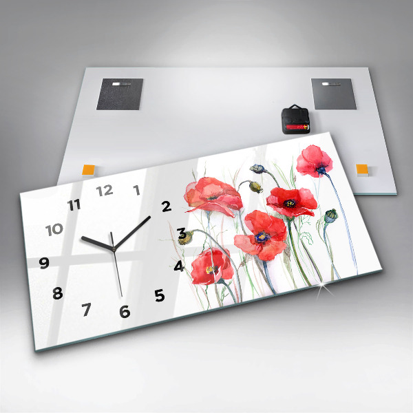 Glass wall clock rectangular Painted Red Poppies