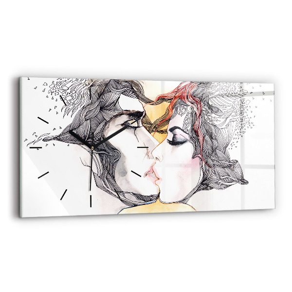 Glass wall clock rectangular Love kiss drawing