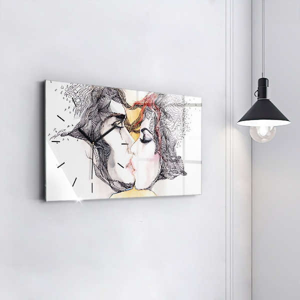 Glass wall clock rectangular Love kiss drawing