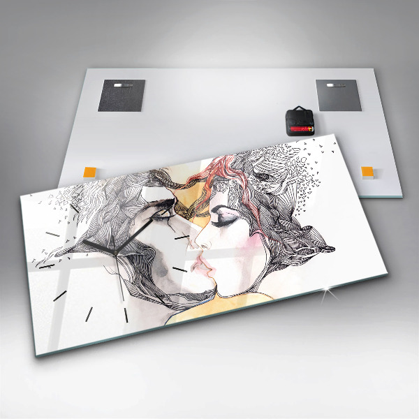 Glass wall clock rectangular Love kiss drawing