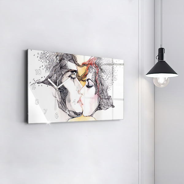 Glass wall clock rectangular Love kiss drawing