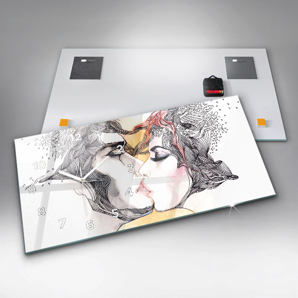 Glass wall clock rectangular Love kiss drawing