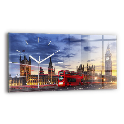 Glass wall clock rectangular Red London Bus