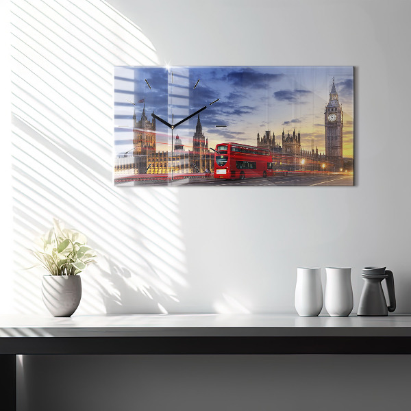 Glass wall clock rectangular Red London Bus