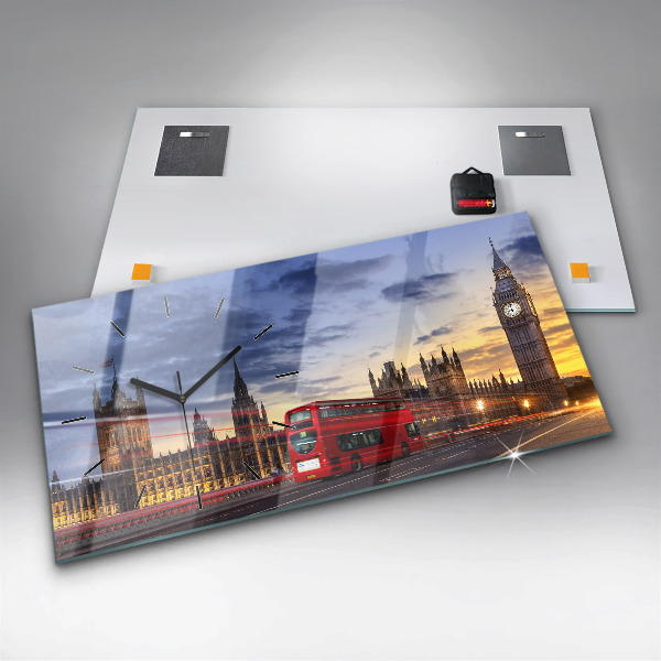 Glass wall clock rectangular Red London Bus