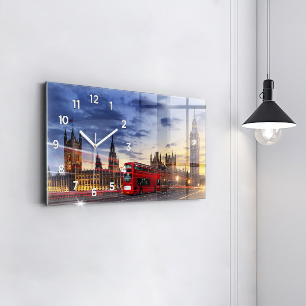 Glass wall clock rectangular Red London Bus