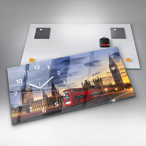 Glass wall clock rectangular Red London Bus