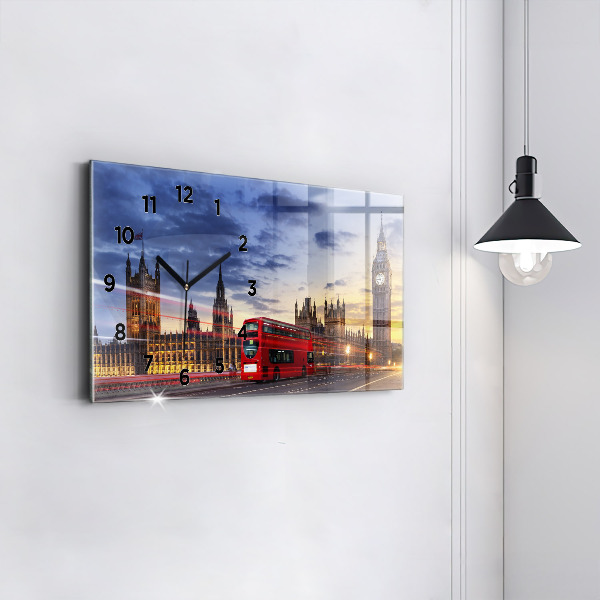 Glass wall clock rectangular Red London Bus