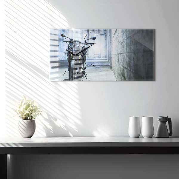 Glass wall clock rectangular Motorcycle in the alley