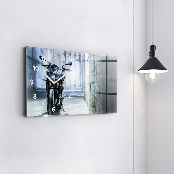 Glass wall clock rectangular Motorcycle in the alley